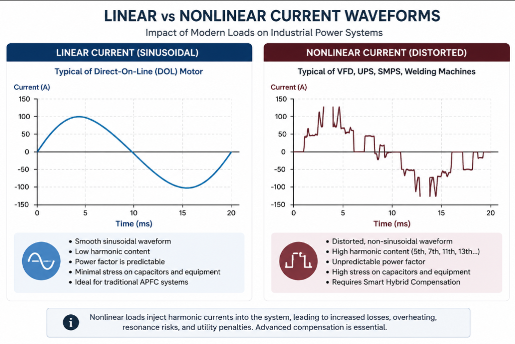Comparison of linear sinusoidal current and nonlinear distorted current waveforms caused by VFDs, UPS systems, and welding machines.