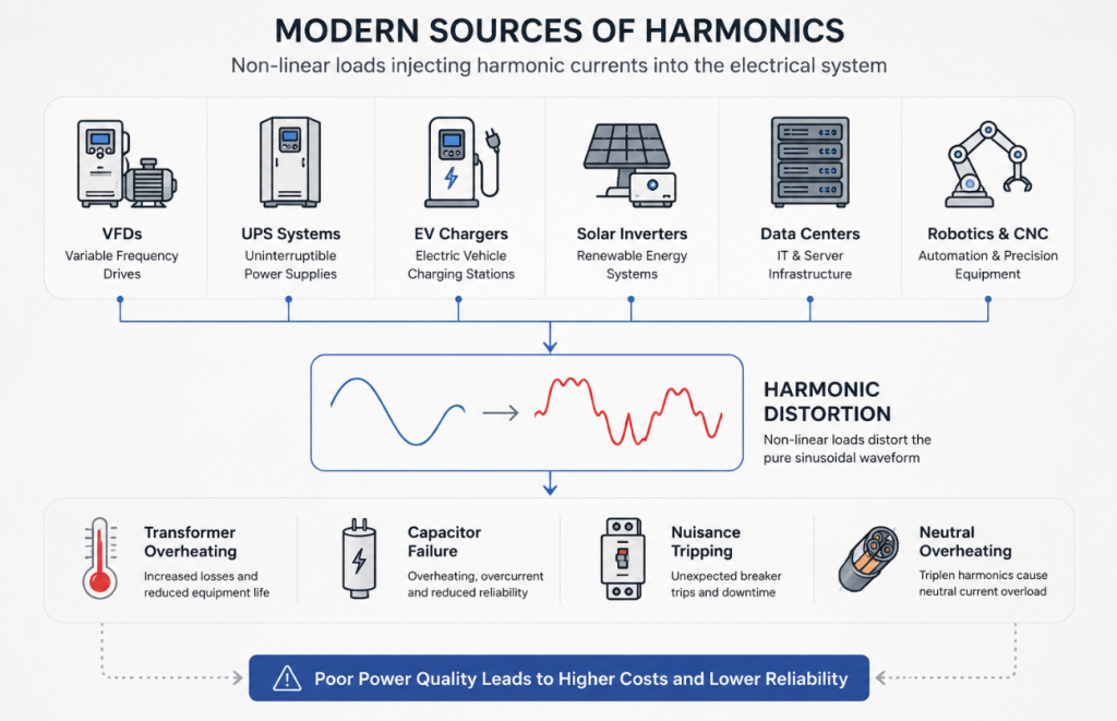 Modern industrial non-linear loads including VFDs, EV chargers, solar inverters, UPS systems, robotics, and data centers generating harmonics.