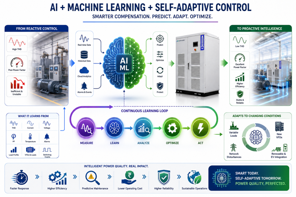 Infographic showing AI, Machine Learning and self-adaptive control in an Active Harmonic Filter (AHF), illustrating real-time data acquisition, predictive analytics, adaptive optimization, continuous learning and intelligent power quality management.