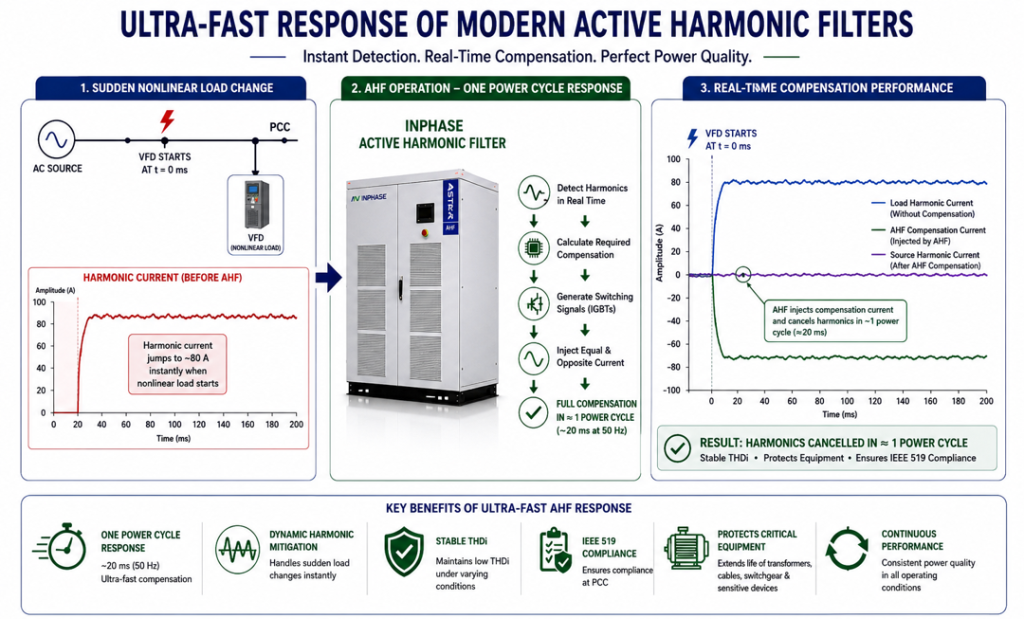 Infographic illustrating the ultra-fast one power cycle response of a modern Active Harmonic Filter (AHF), showing harmonic detection, real-time current injection and dynamic harmonic compensation.