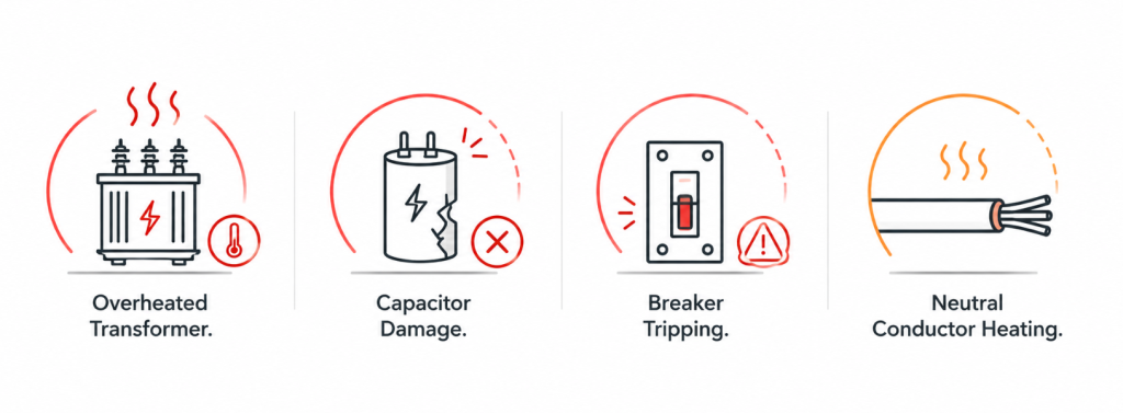 Common effects of harmonic distortion including transformer overheating, capacitor damage, breaker tripping, and neutral conductor heating in industrial electrical systems.
