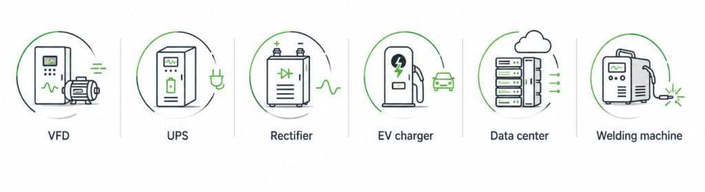 Common nonlinear loads including VFDs, UPS systems, rectifiers, EV chargers, data centers, and welding machines that generate electrical harmonics.
