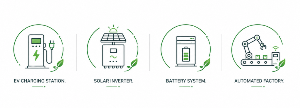 Growing applications including EV charging stations, solar inverters, battery energy storage systems, and automated factories requiring Active Harmonic Filter solutions.