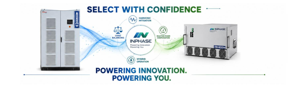 Illustration of standalone and modular Active Harmonic Filter (AHF) solutions providing harmonic mitigation, reactive power compensation, load balancing, and hybrid operation for improved power quality.