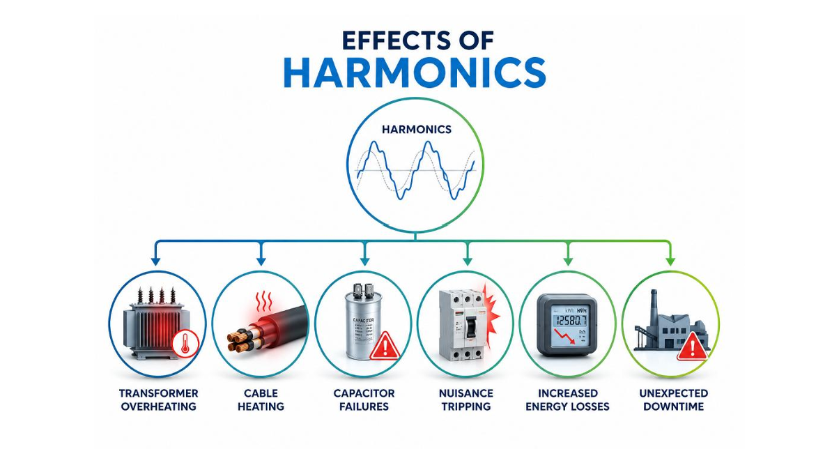 Infographic showing the effects of harmonic distortion in electrical systems, including transformer overheating, cable heating, capacitor failures, nuisance tripping, increased energy losses, and unexpected downtime.